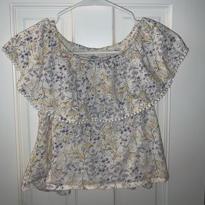 Floral Ruffle + Pom-Pom Trim Off-the-Shoulder Top